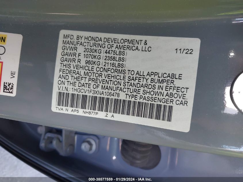 2022 HONDA ACCORD SPORT - 1HGCV1F3XNA106478