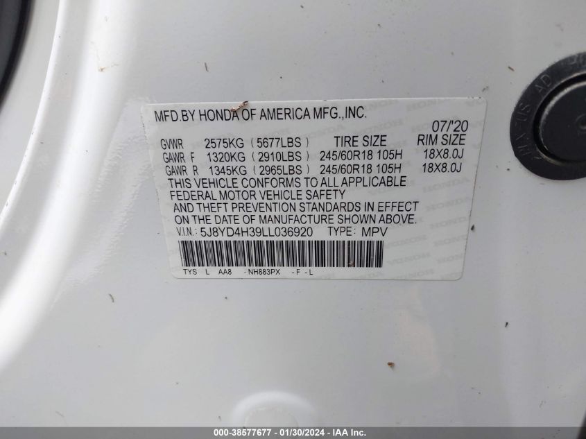 2020 ACURA MDX - 5J8YD4H39LL036920