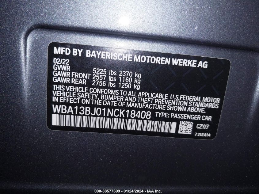 2022 BMW 530I XDRIVE WBA13BJ01NCK18408