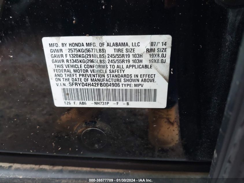 2015 ACURA MDX TECHNOLOGY - 5FRYD4H42FB004906