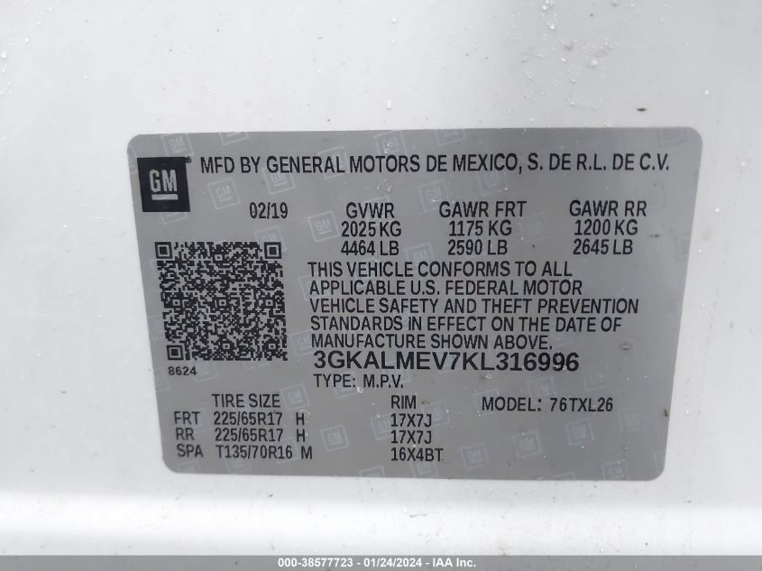2019 GMC TERRAIN SLE - 3GKALMEV7KL316996