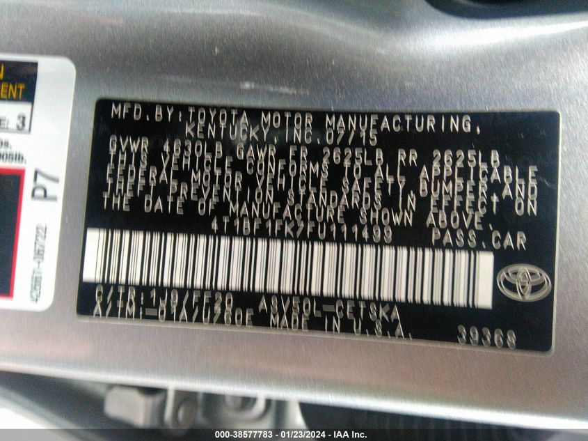 2015 TOYOTA CAMRY LE/XLE/SE/XSE - 4T1BF1FK7FU111499