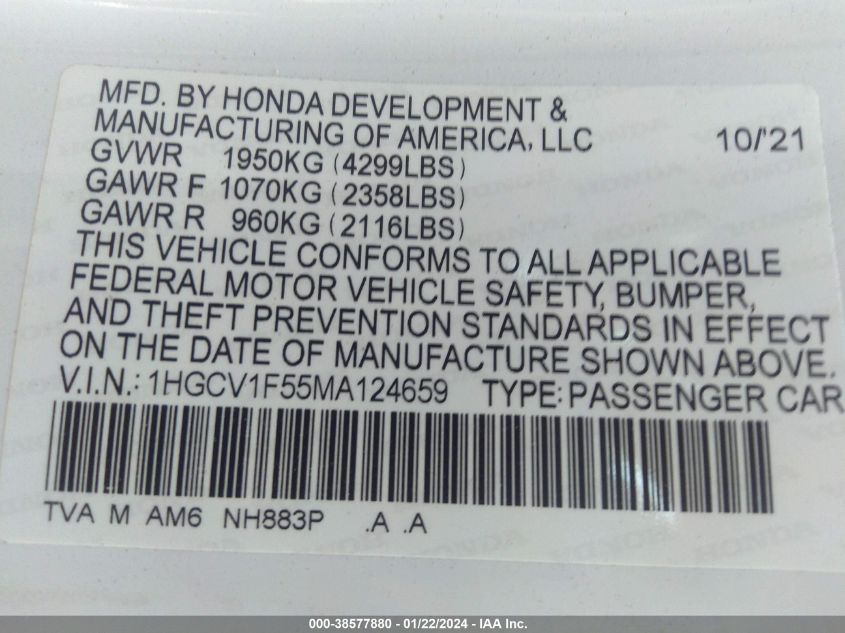 1HGCV1F55MA124659 | 2021 HONDA ACCORD