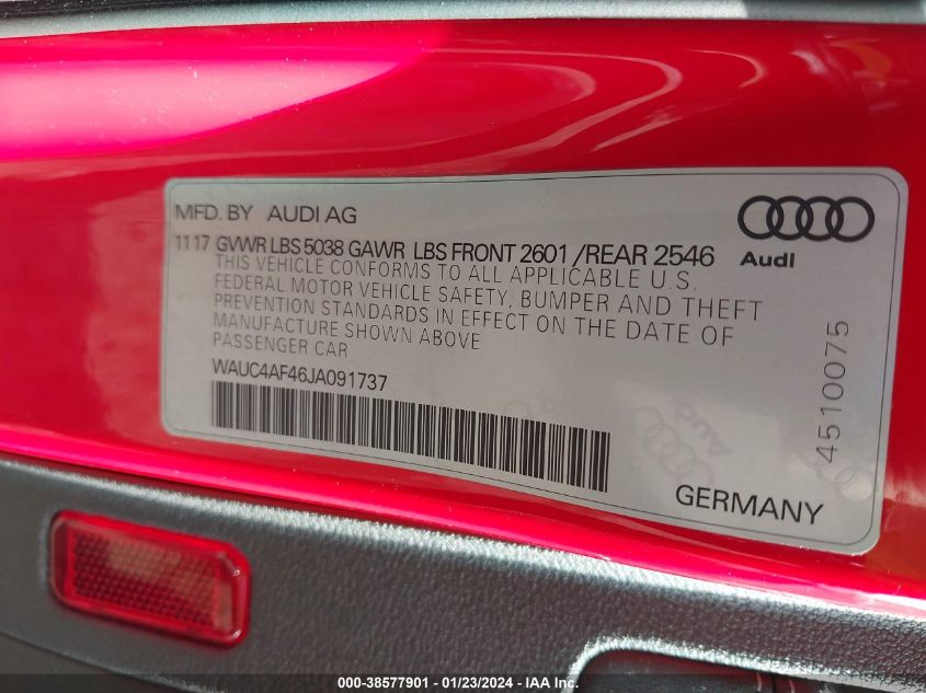 2018 AUDI S4 3.0T PREMIUM PLUS - WAUC4AF46JA091737