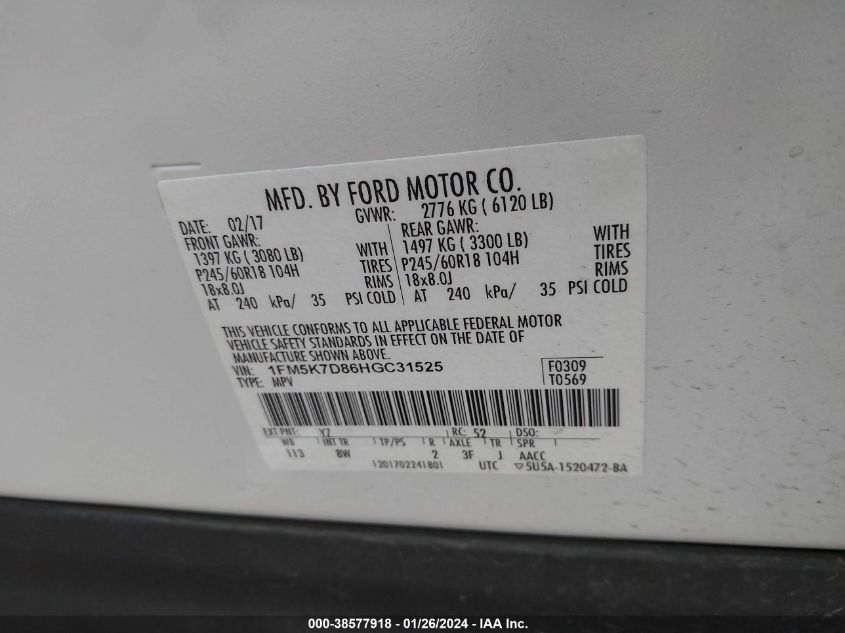2017 FORD EXPLORER XLT - 1FM5K7D86HGC31525