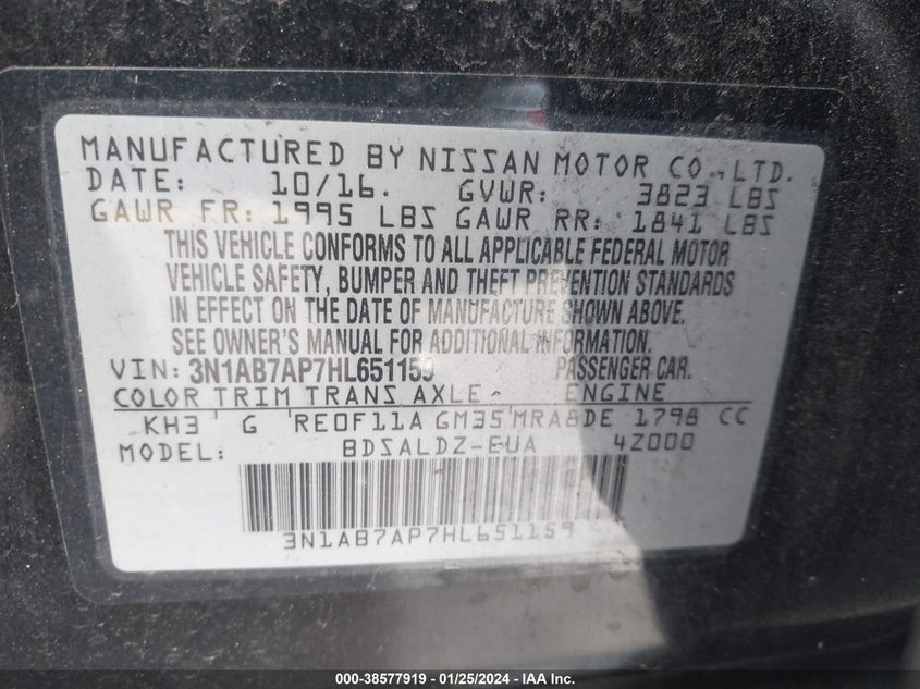 VIN 3N1AB7AP7HL651159 2017 NISSAN SENTRA S/SV/SR/SL