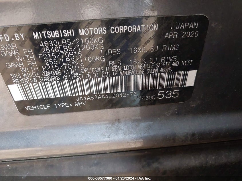 VIN JA4AS3AA4LZ042673 2020 MITSUBISHI ECLIPSE CROSS ES