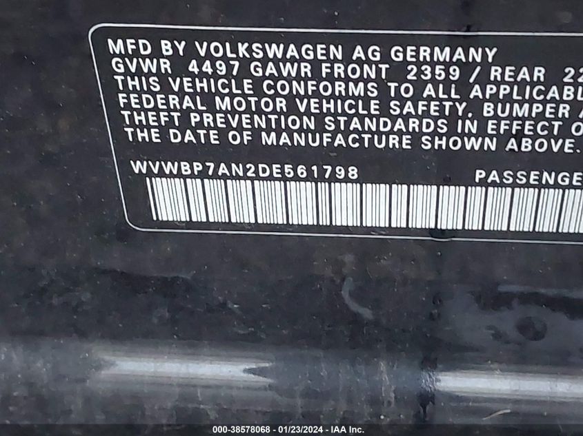 2013 VOLKSWAGEN CC 2.0T SPORT - WVWBP7AN2DE561798