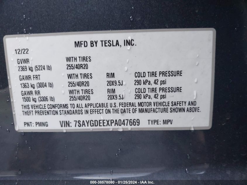 2023 TESLA MODEL Y AWD/LONG RANGE DUAL MOTOR ALL-WHEEL DRIVE - 7SAYGDEEXPA047669