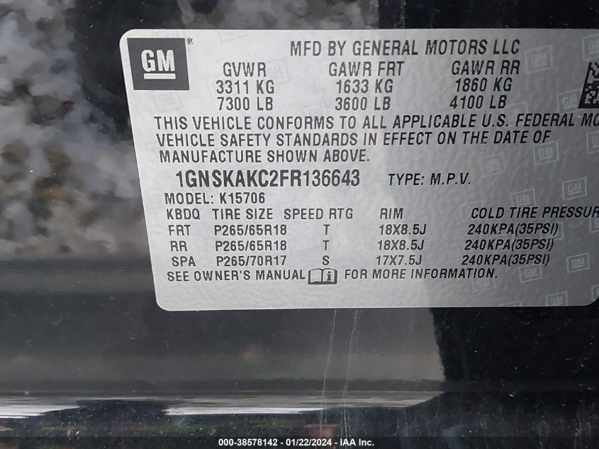 2015 CHEVROLET TAHOE LS - 1GNSKAKC2FR136643