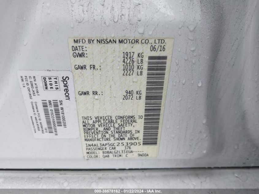 2016 NISSAN ALTIMA 2.5/2.5 S/2.5 SL/2.5 SR/2.5 SV - 1N4AL3AP5GC253905