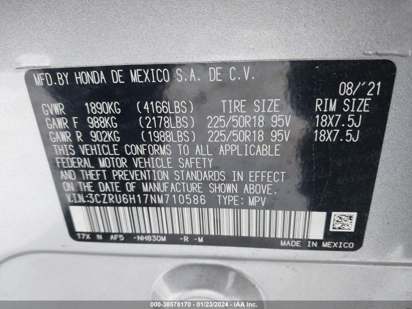 2022 HONDA HR-V SPORT - 3CZRU6H17NM710586
