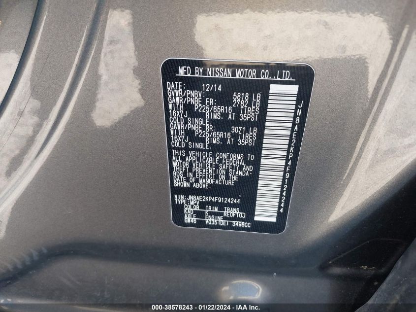 2015 NISSAN QUEST SV - JN8AE2KP4F9124244