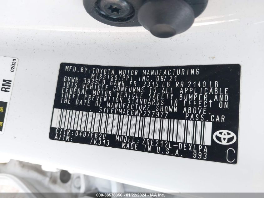 5YFEPMAE6NP277977 | 2022 TOYOTA COROLLA