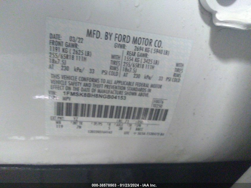 2022 FORD EXPLORER - 1FMSK8BH8NGB04153