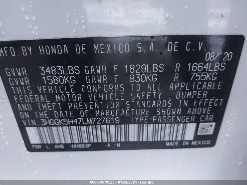 2020 HONDA FIT LX - 3HGGK5H47LM727619