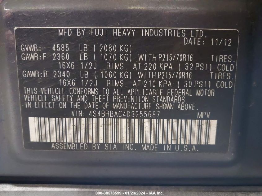 2013 SUBARU OUTBACK 2.5I - 4S4BRBAC4D3255687
