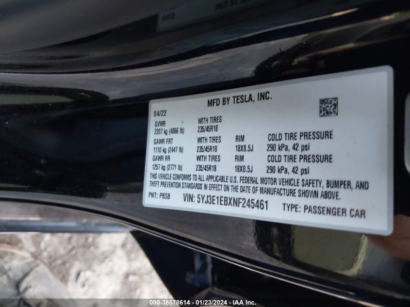 2022 TESLA MODEL 3 LONG RANGE DUAL MOTOR ALL-WHEEL DRIVE - 5YJ3E1EBXNF245461