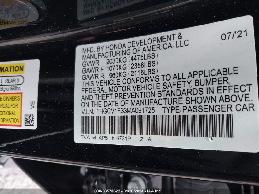 2021 HONDA ACCORD SPORT - 1HGCV1F33MA091725