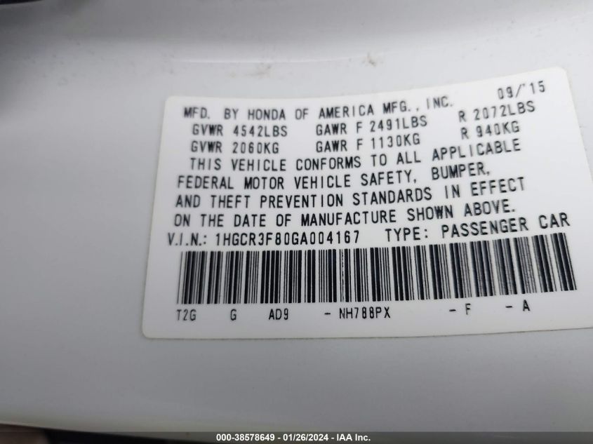 2016 HONDA ACCORD EX-L V-6 - 1HGCR3F80GA004167