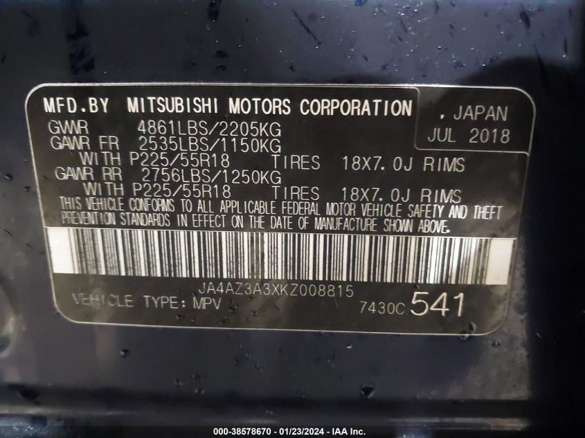 2019 MITSUBISHI OUTLANDER SE/SEL/LE - JA4AZ3A3XKZ008815