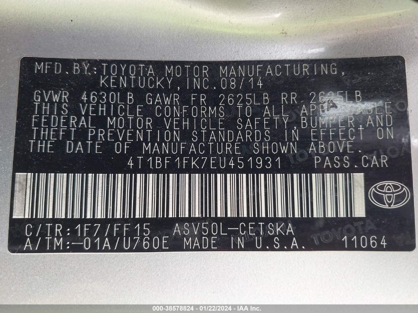 2014 TOYOTA CAMRY L/SE/LE/XLE - 4T1BF1FK7EU451931