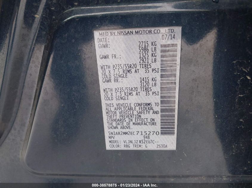 2014 NISSAN PATHFINDER S/SV/SL/PLATINUM - 5N1AR2MM2EC715270