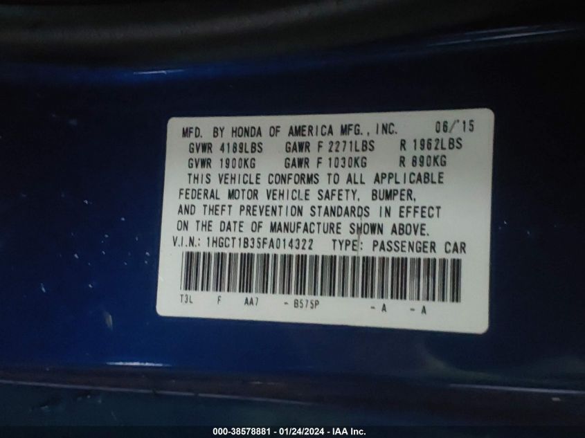 2015 HONDA ACCORD LX-S - 1HGCT1B35FA014322