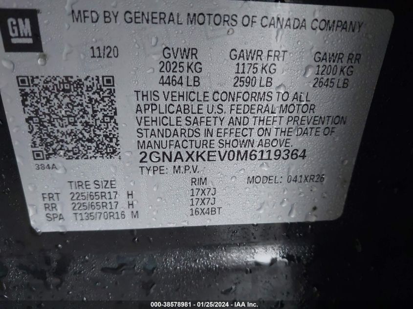 2021 CHEVROLET EQUINOX FWD LT - 2GNAXKEV0M6119364