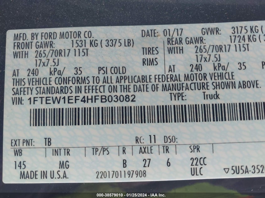 VIN 1FTEW1EF4HFB03082 2017 FORD F-150 XLT