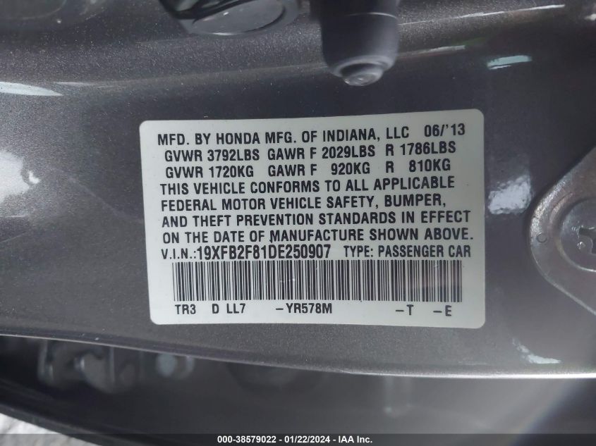 2013 HONDA CIVIC EX - 19XFB2F81DE250907