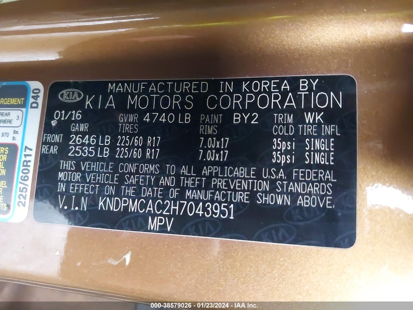 VIN KNDPMCAC2H7043951 2017 KIA SPORTAGE LX