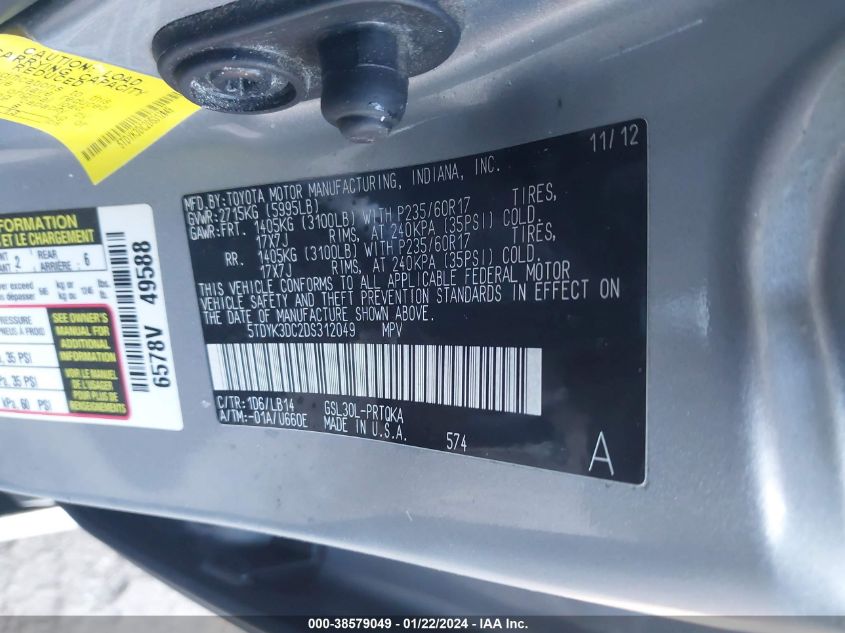 2013 TOYOTA SIENNA XLE V6 8 PASSENGER - 5TDYK3DC2DS312049