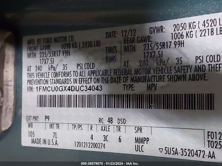 2013 FORD ESCAPE SE - 1FMCU0GX4DUC34043