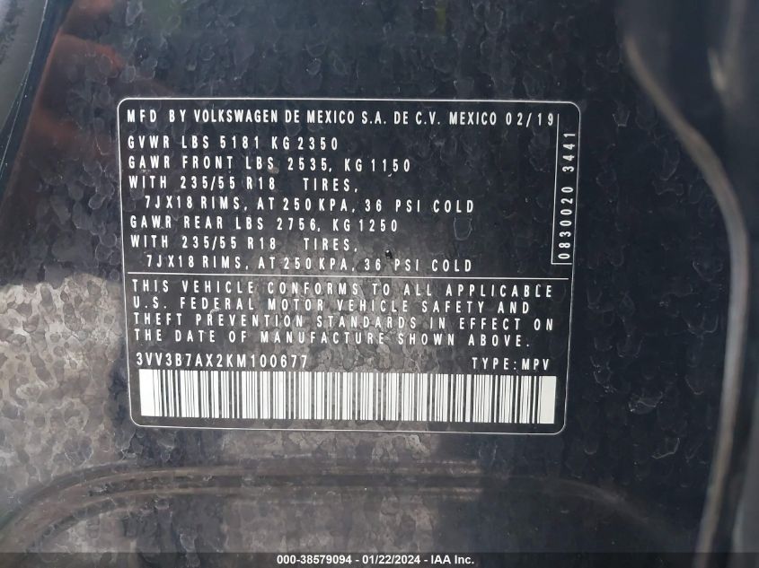 2019 VOLKSWAGEN TIGUAN 2.0T SE/2.0T SEL/2.0T SEL R-LINE/2.0T SEL R-LINE BLACK - 3VV3B7AX2KM100677