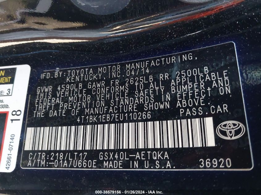 2014 TOYOTA AVALON XLE TOURING - 4T1BK1EB7EU110266