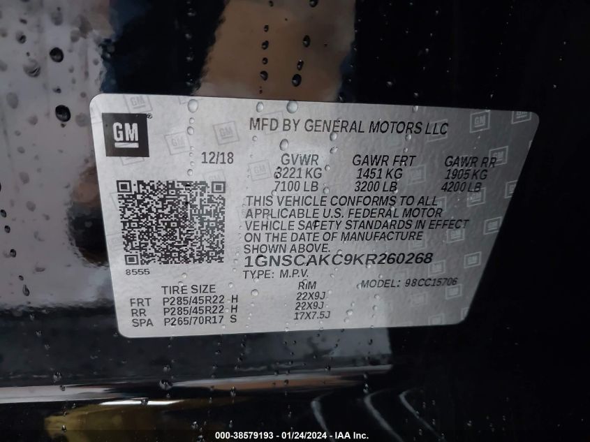 2019 CHEVROLET TAHOE C1500  LS - 1GNSCAKC9KR260268