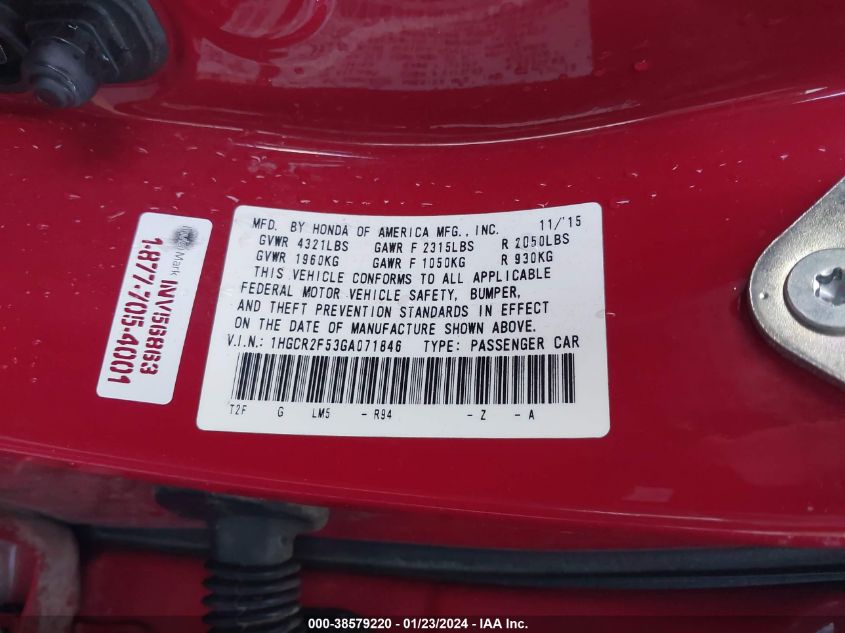 2016 HONDA ACCORD SPORT - 1HGCR2F53GA071846