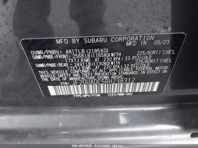 VIN JF2GUADC5RH238312 2024 SUBARU CROSSTREK PREMIUM