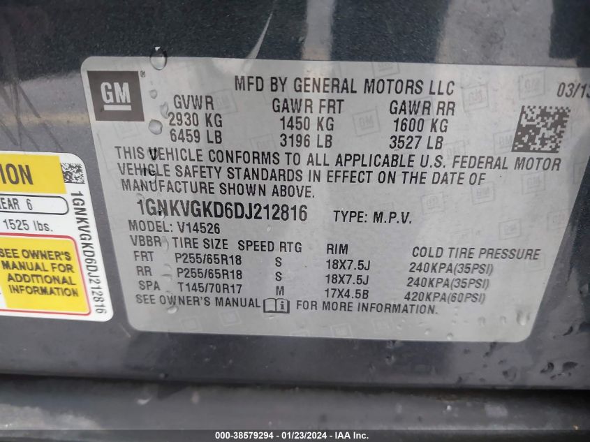 2013 CHEVROLET TRAVERSE 1LT - 1GNKVGKD6DJ212816
