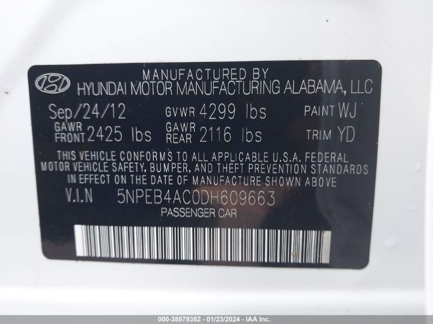 2013 HYUNDAI SONATA GLS - 5NPEB4AC0DH609663