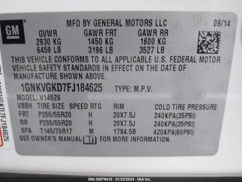 2015 CHEVROLET TRAVERSE 1LT - 1GNKVGKD7FJ184625