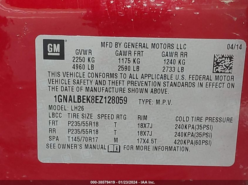 2014 CHEVROLET EQUINOX 1LT - 1GNALBEK8EZ128059