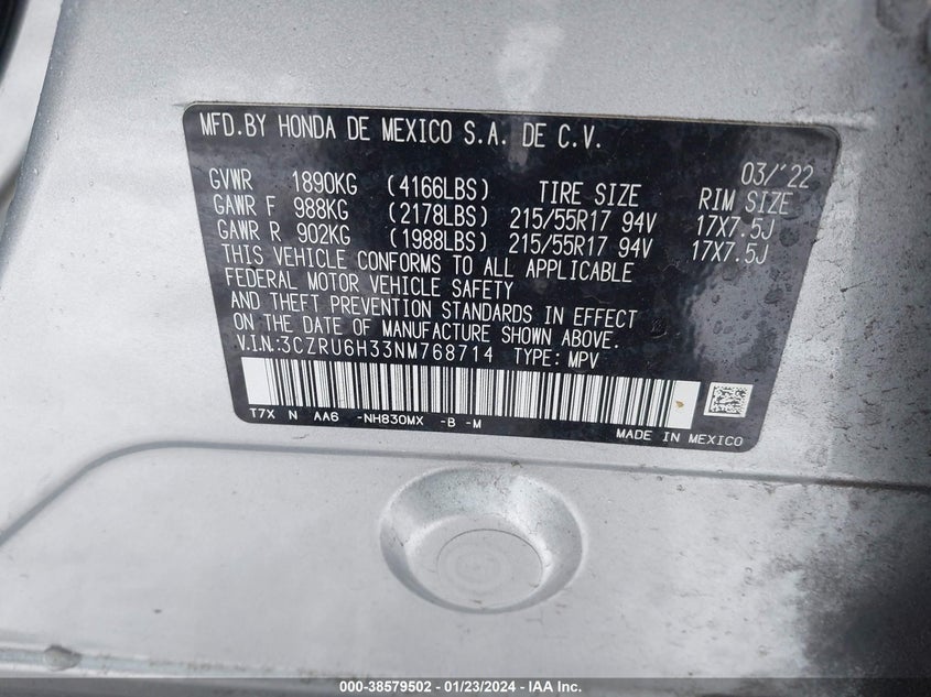 VIN 3CZRU6H33NM768714 2022 HONDA HR-V LX