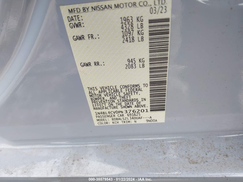 VIN 1N4BL4CV0PN376201 2023 NISSAN ALTIMA SR FWD