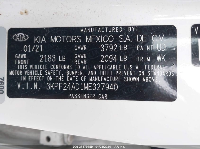 2021 KIA FORTE FE/LXS - 3KPF24AD1ME327940
