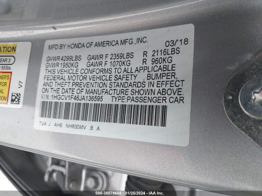 2018 HONDA ACCORD EX - 1HGCV1F46JA136595