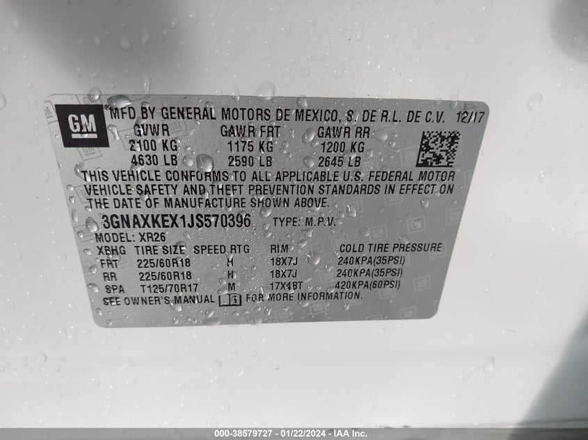 VIN 3GNAXKEX1JS570396 2018 CHEVROLET EQUINOX LT