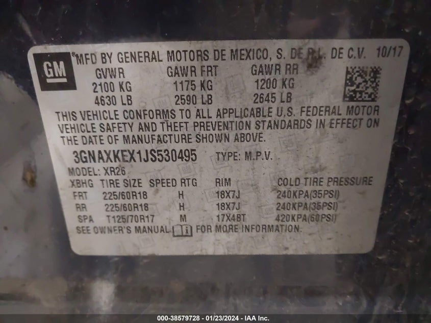 VIN 3GNAXKEX1JS530495 2018 CHEVROLET EQUINOX LT