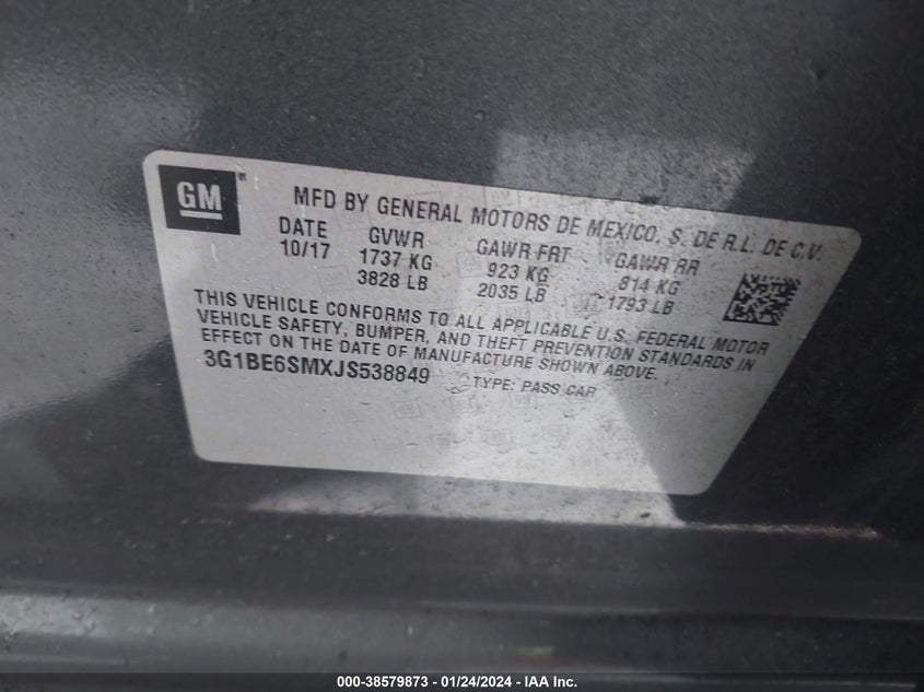 VIN 3G1BE6SMXJS538849 2018 CHEVROLET CRUZE LT